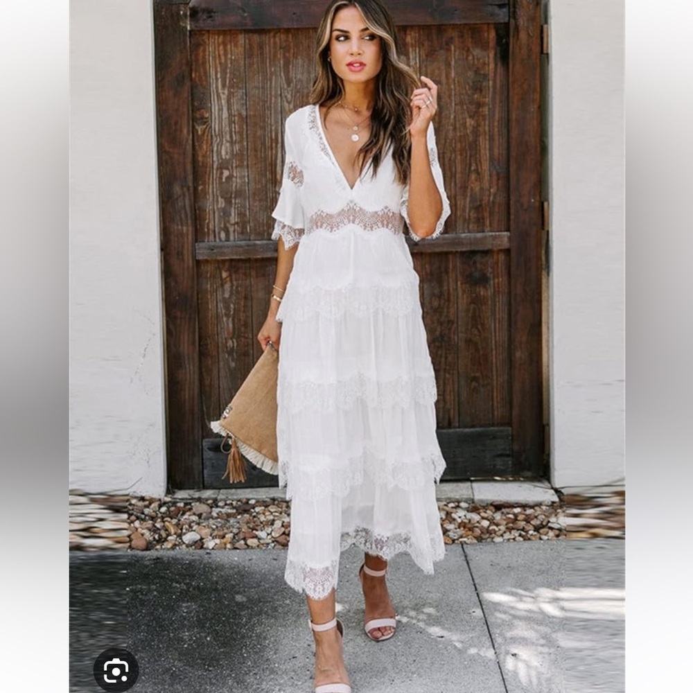 Vici Setting Sun Lace Tiered Midi Dress